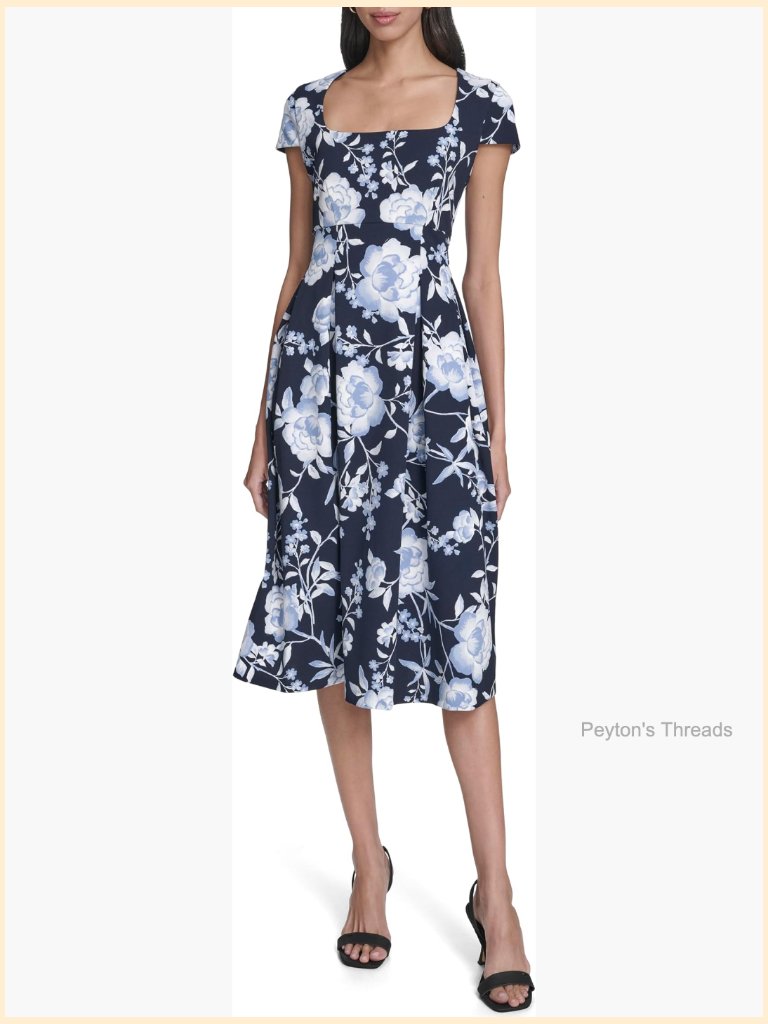Square Neck Pleated A-Line Midi Dress Scuba Crepe Floral Pattern Short Sleeve